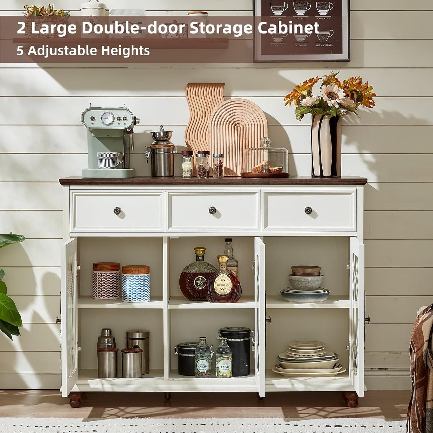 White farmhouse sideboard buffet cabinet with two open doors and adjustable interior shelves