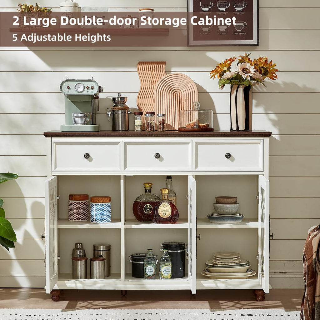 White sideboard buffet with multiple shelves, two drawers, and open double-door storage