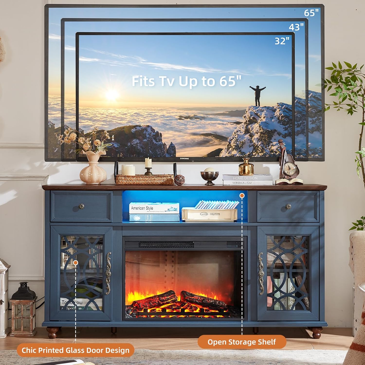 Blue TV stand with electric fireplace, glass doors, and open storage shelf