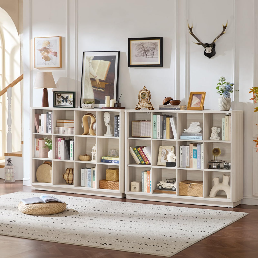 Light wood horizontal cube storage book shelf with open cubbies and curved top edge