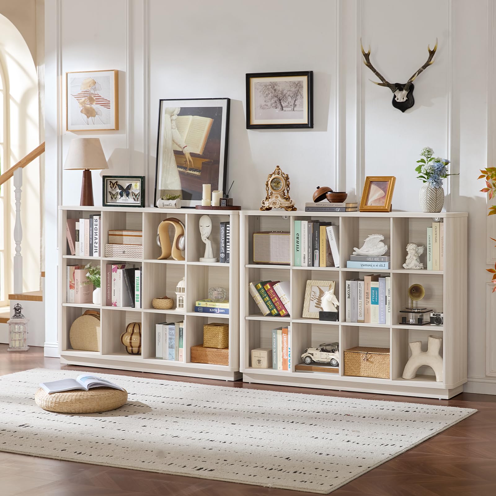 Light wood horizontal cube storage book shelf with open cubbies and curved top edge