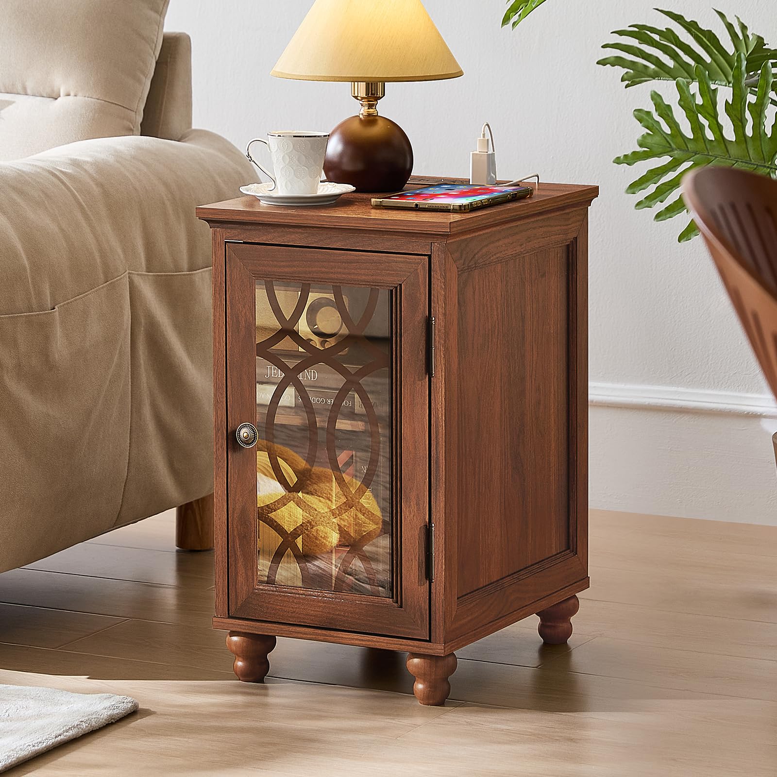 Brown wood nightstand cabinet with glass door and rounded cabriole legs