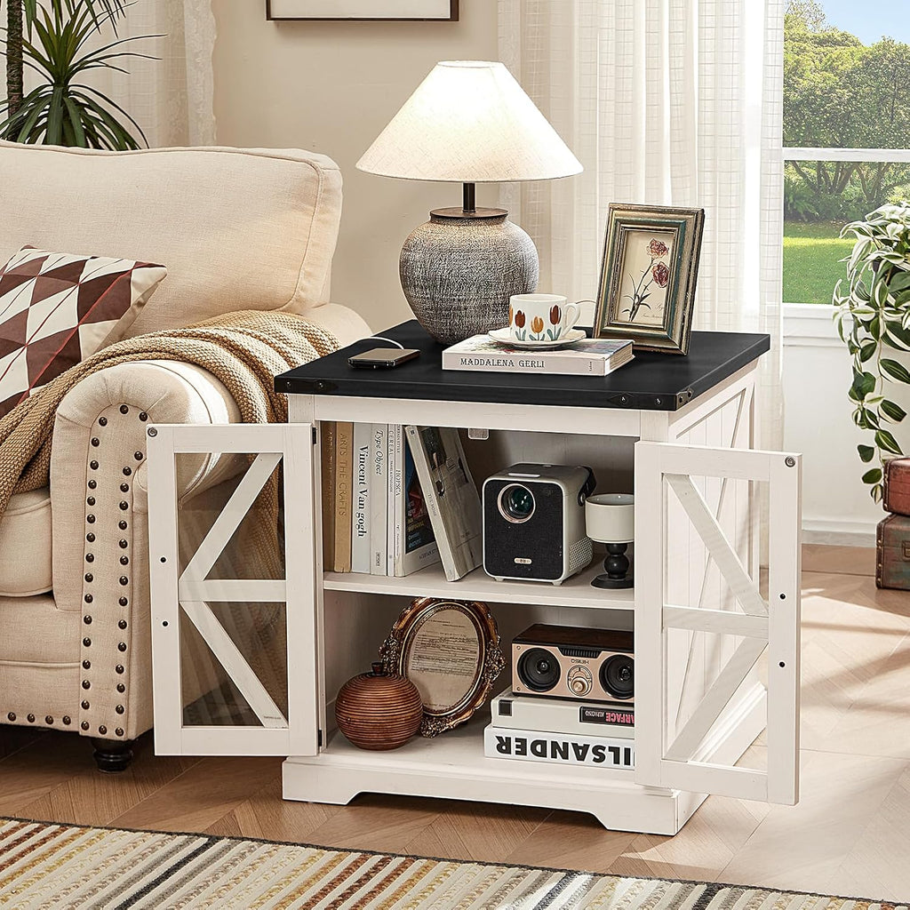 24" End Table with Charging Station, Farmhouse Night Stand with Glass Barn Door, White Nightstands with Adjustable Storage Shelf, Large Wood Square Bed Side Table for Living Room,Bedroom