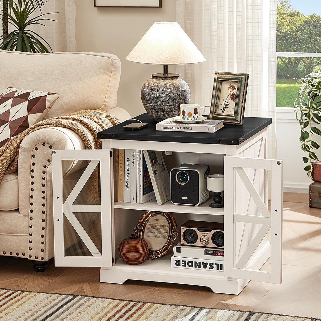 White end table with black top and storage shelves, X-brace doors, for living room
