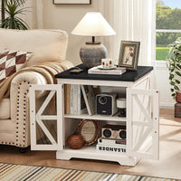White end table with black top and storage shelves, X-brace doors, for living room