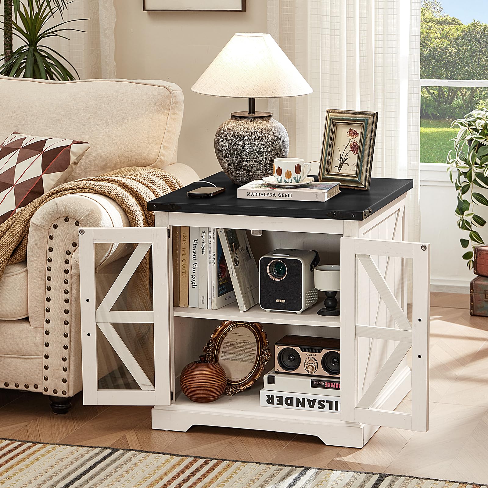 White end table with black top and storage shelves, X-brace doors, for living room