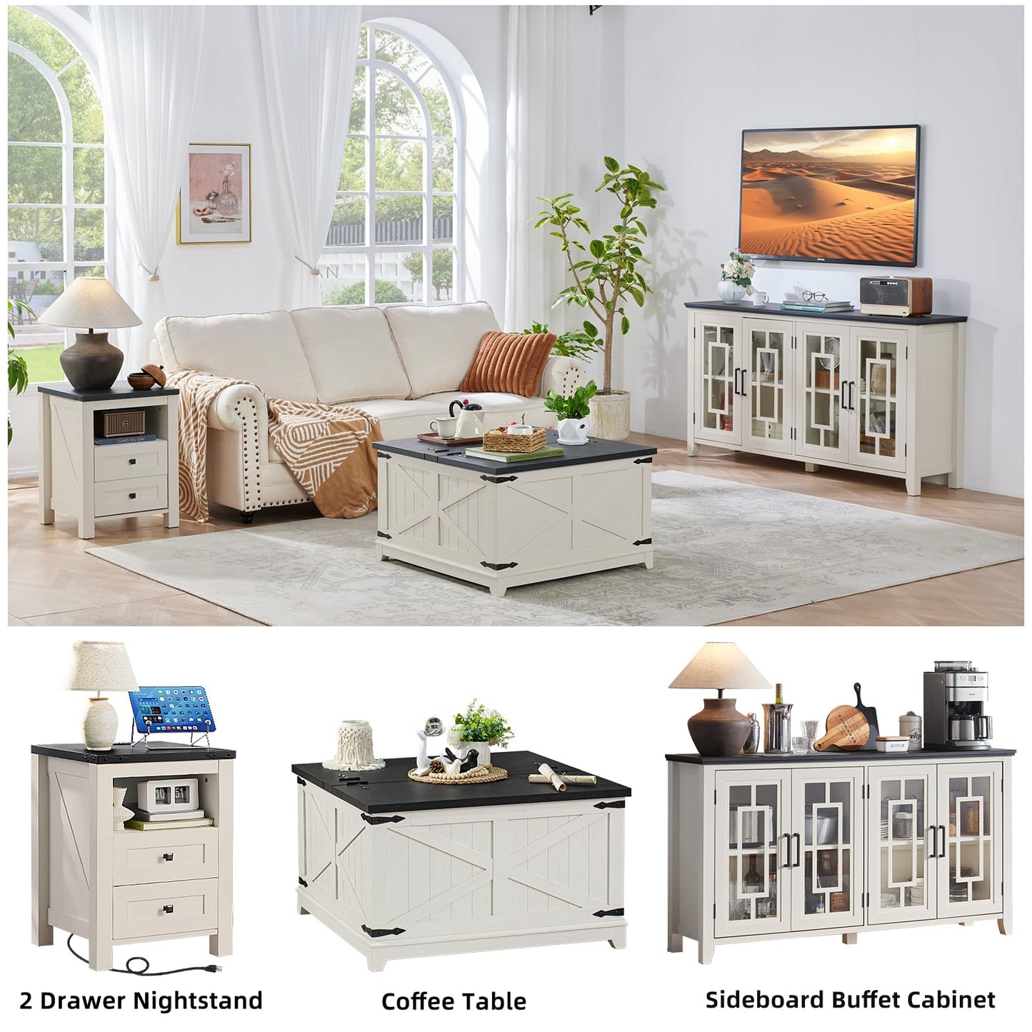 White 2-drawer nightstand with open shelf and black top charging surface