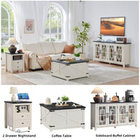 White nightstand with two drawers and open shelf, styled in a living room