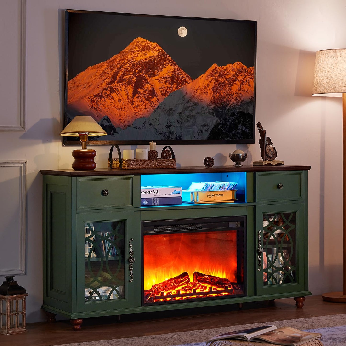 Joaxswe Farmhouse Fireplace TV Stand Sets 3,Side Table with Charger Station | 59" Fire Place TV Stands for Living Room, Entertainment Center Heater for TVs up to 65" with Open Shelves and Drawers, Blue