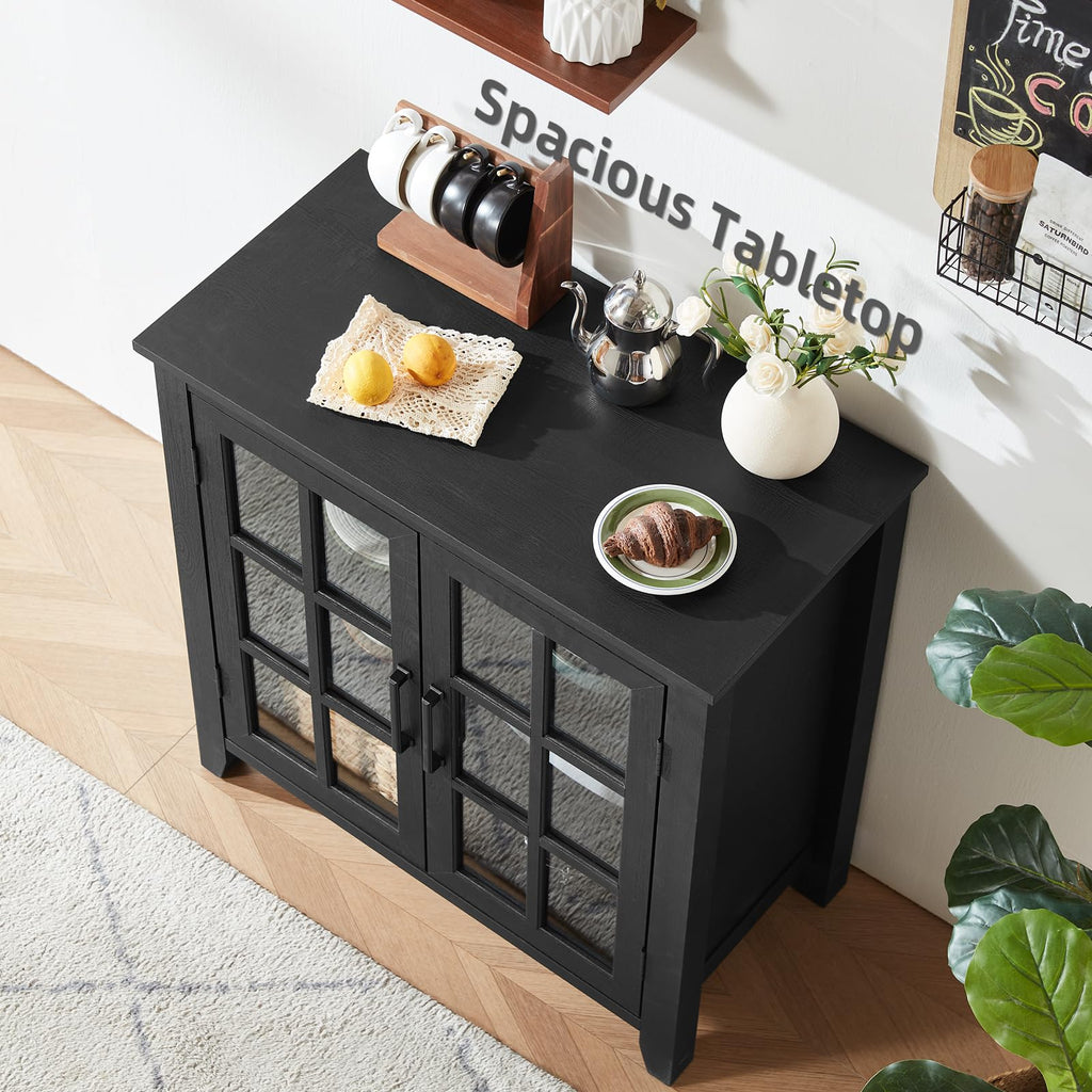 Black sideboard cabinet with multiple glass doors and cabinet storage shelves