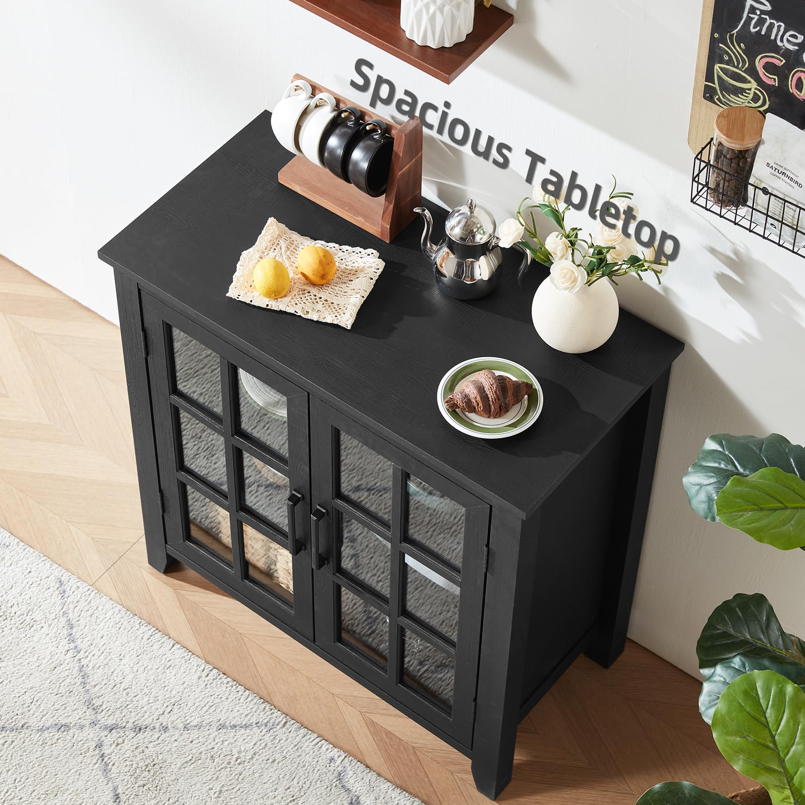 Black sideboard cabinet with multiple glass doors and cabinet storage shelves