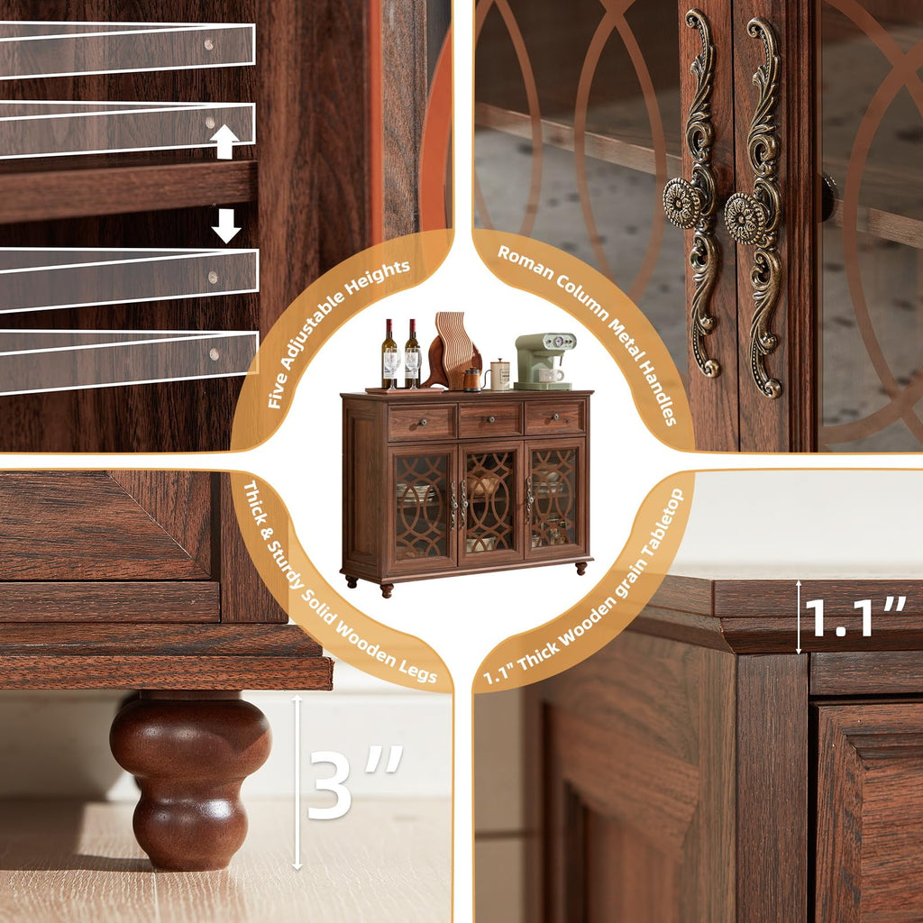Farmhouse sideboard buffet cabinet with carved glass door panels and turned feet