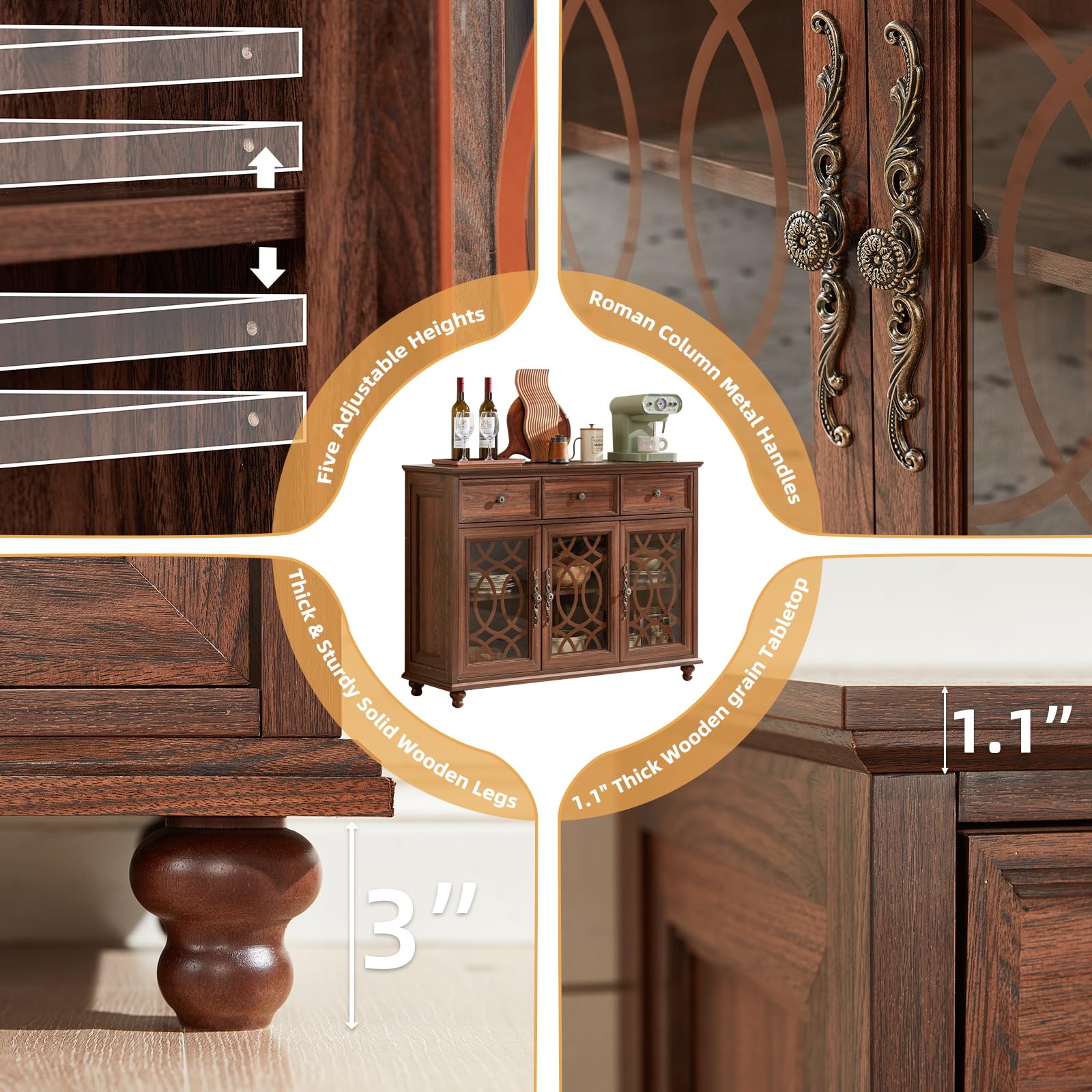 Farmhouse sideboard buffet cabinet with carved glass door panels and turned feet