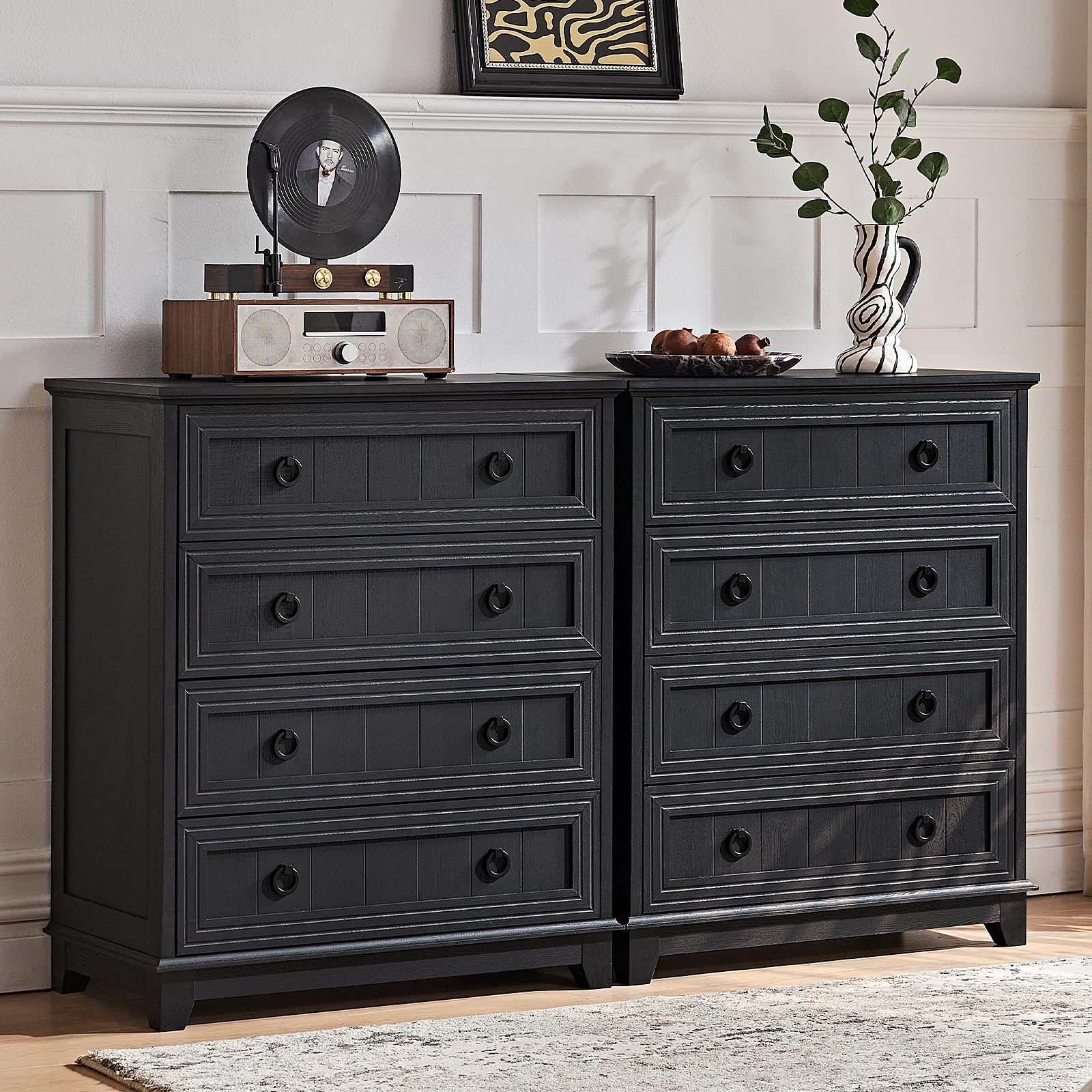 18" Farmhouse Night Stand with Charging Station, 2 Drawers End Table Dresser for Bedroom, Blue Wooden Nightstand, Bed Side Table with Open Shelf, Bedside Cabinet for Living Room, Closet