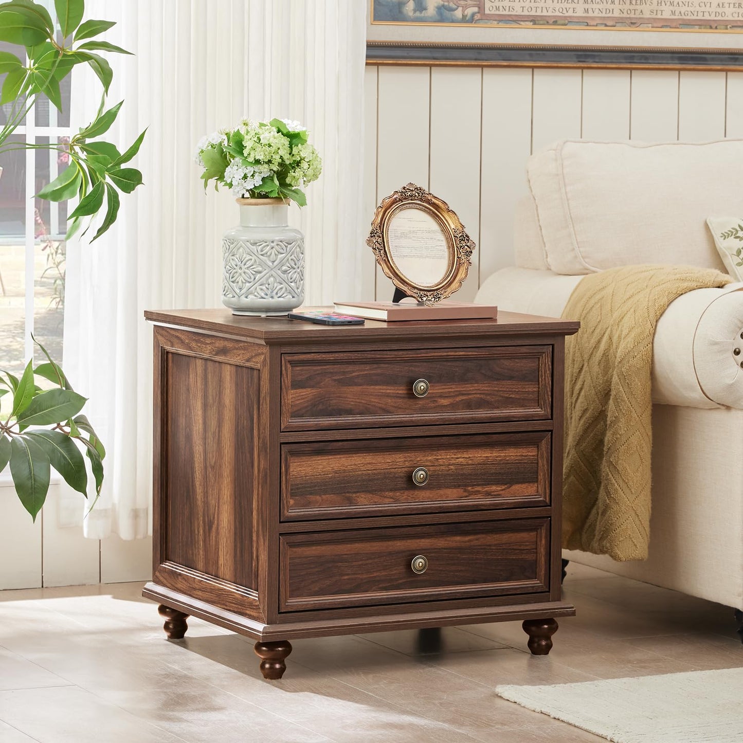 Brown farmhouse nightstand with two drawers and round metal knobs on turned feet