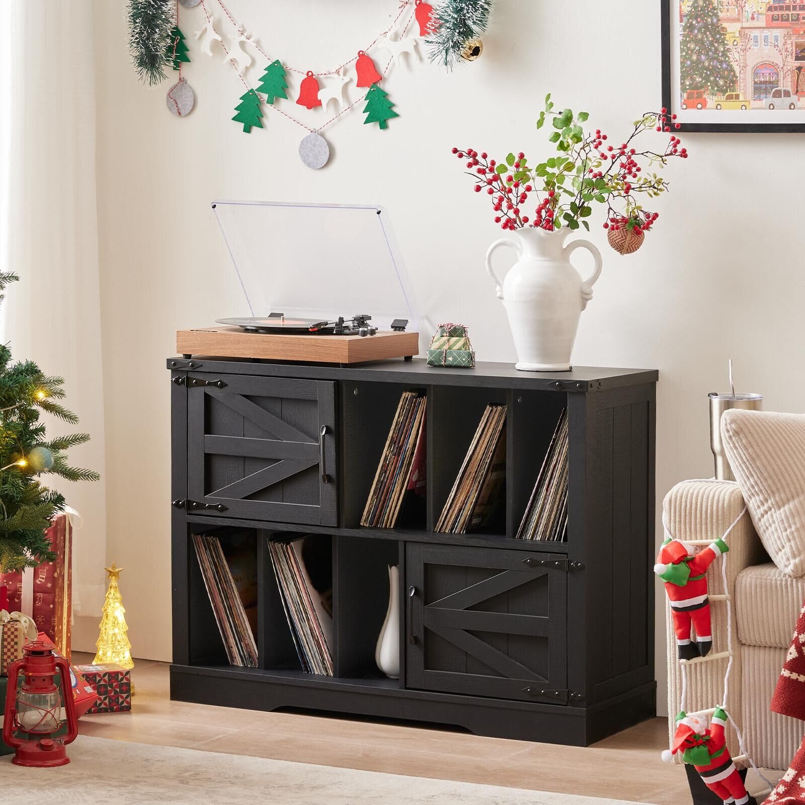 Record player cabinet with barn doors and open vinyl storage, dark gray wood