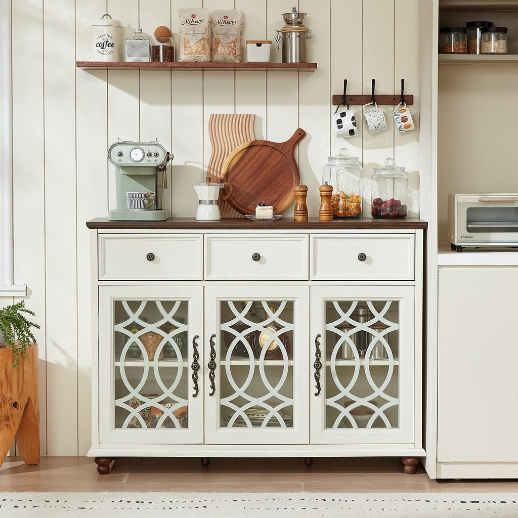 White sideboard buffet with three drawers and three glass-panel door cabinets