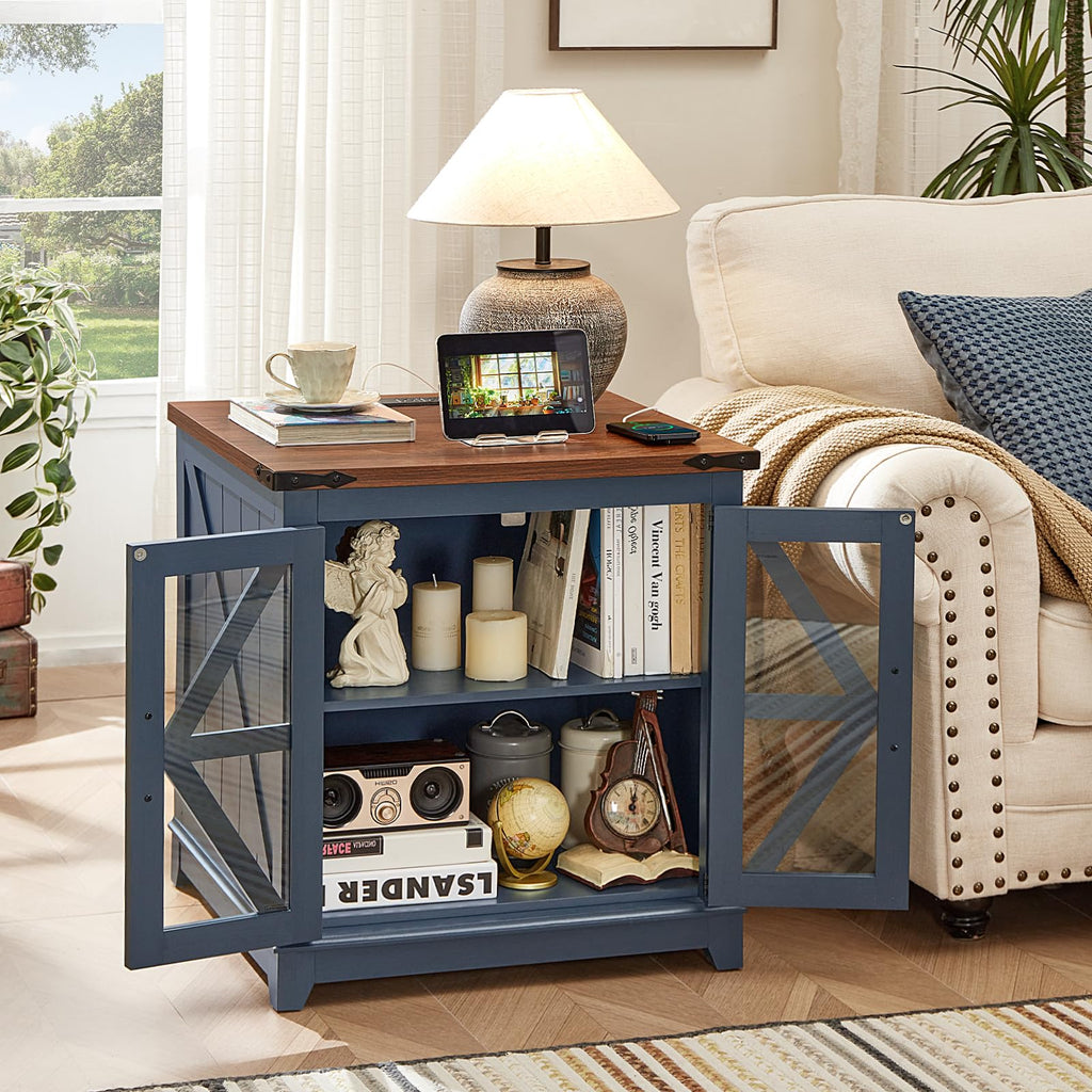 Farmhouse end table with barn-door glass panels, open shelves, blue finish.