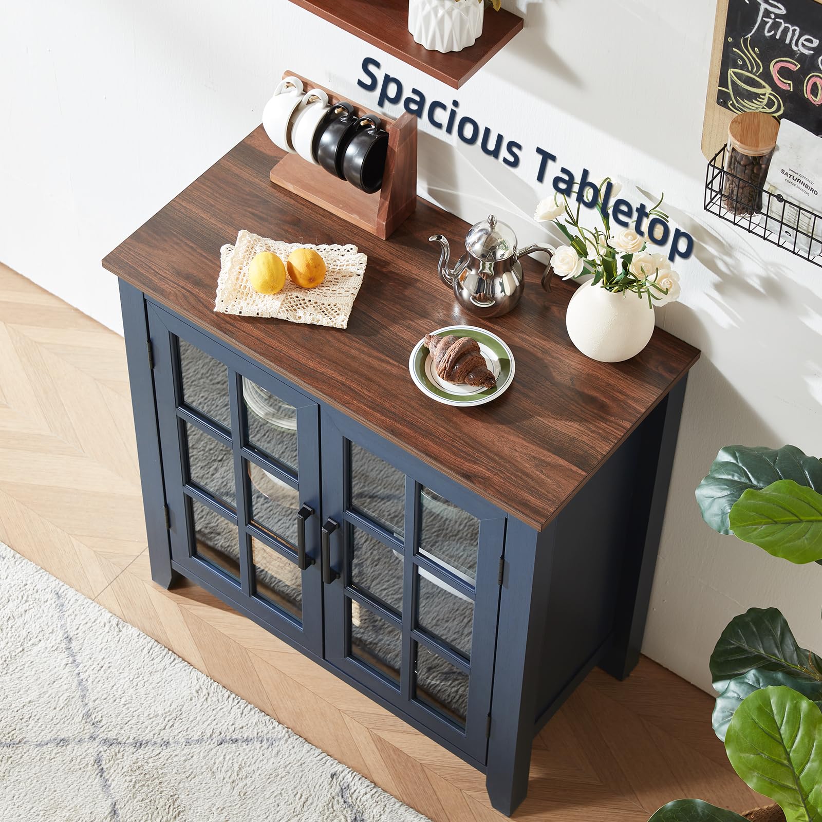 Dark blue sideboard buffet cabinet with wood-look top and glass-panel door fronts