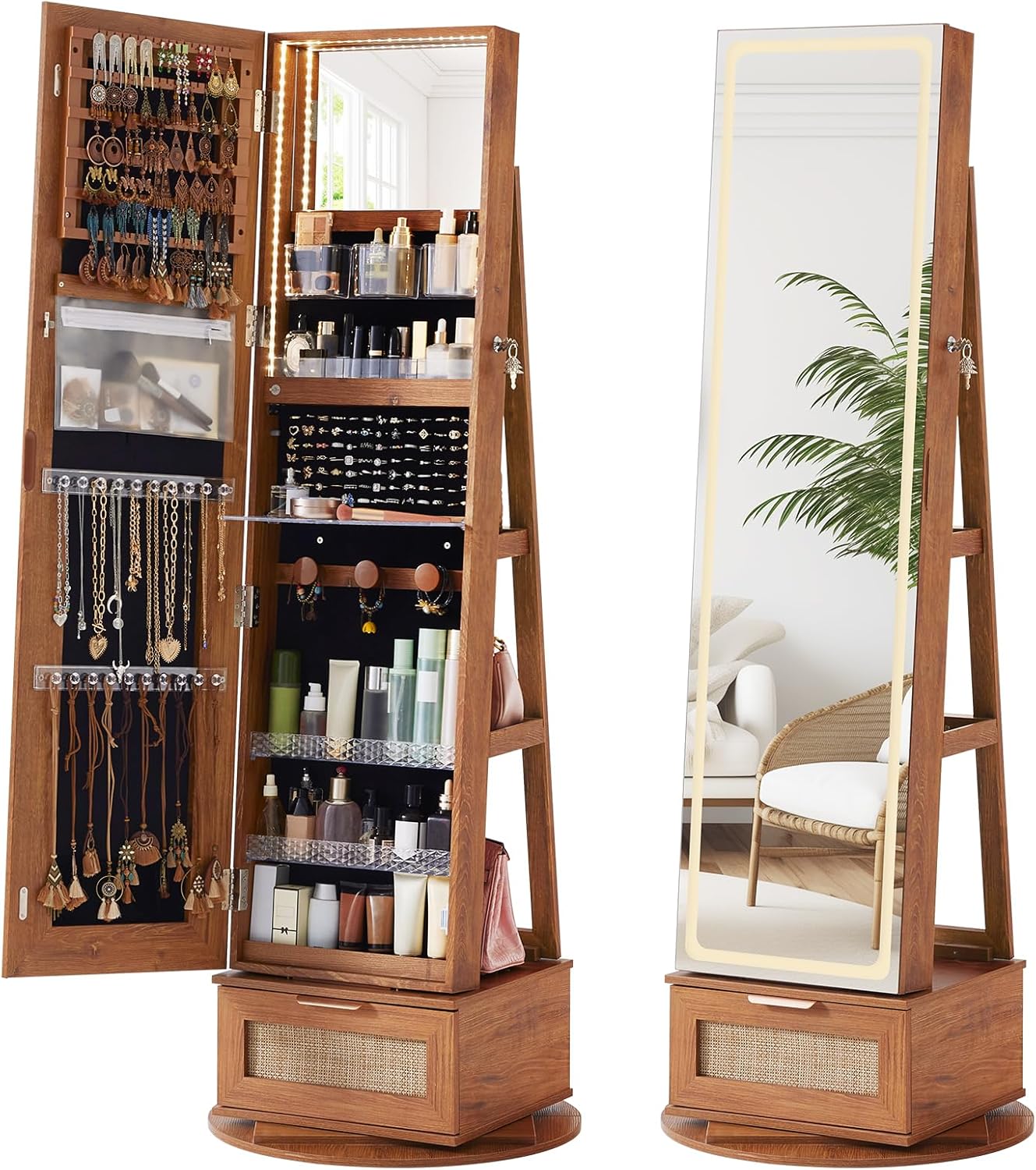 Boho 360° Swivel Jewelry Armoire Cabinet with Full Length Mirror, Standing Lockable Jewelry Organizers and Drawer with 3 Color LED Lights & Interior Mirror Rear Storage Shelves for Bedroom Living Room