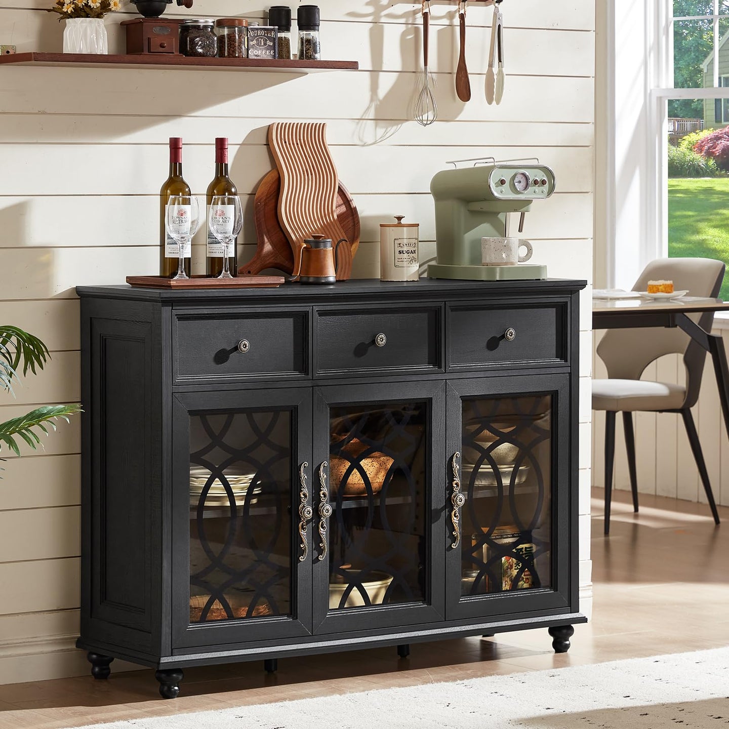 Black farmhouse sideboard buffet cabinet with 3 glass doors and three drawer compartments