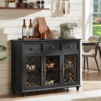 Black farmhouse sideboard buffet cabinet with 3 glass doors and three drawer compartments