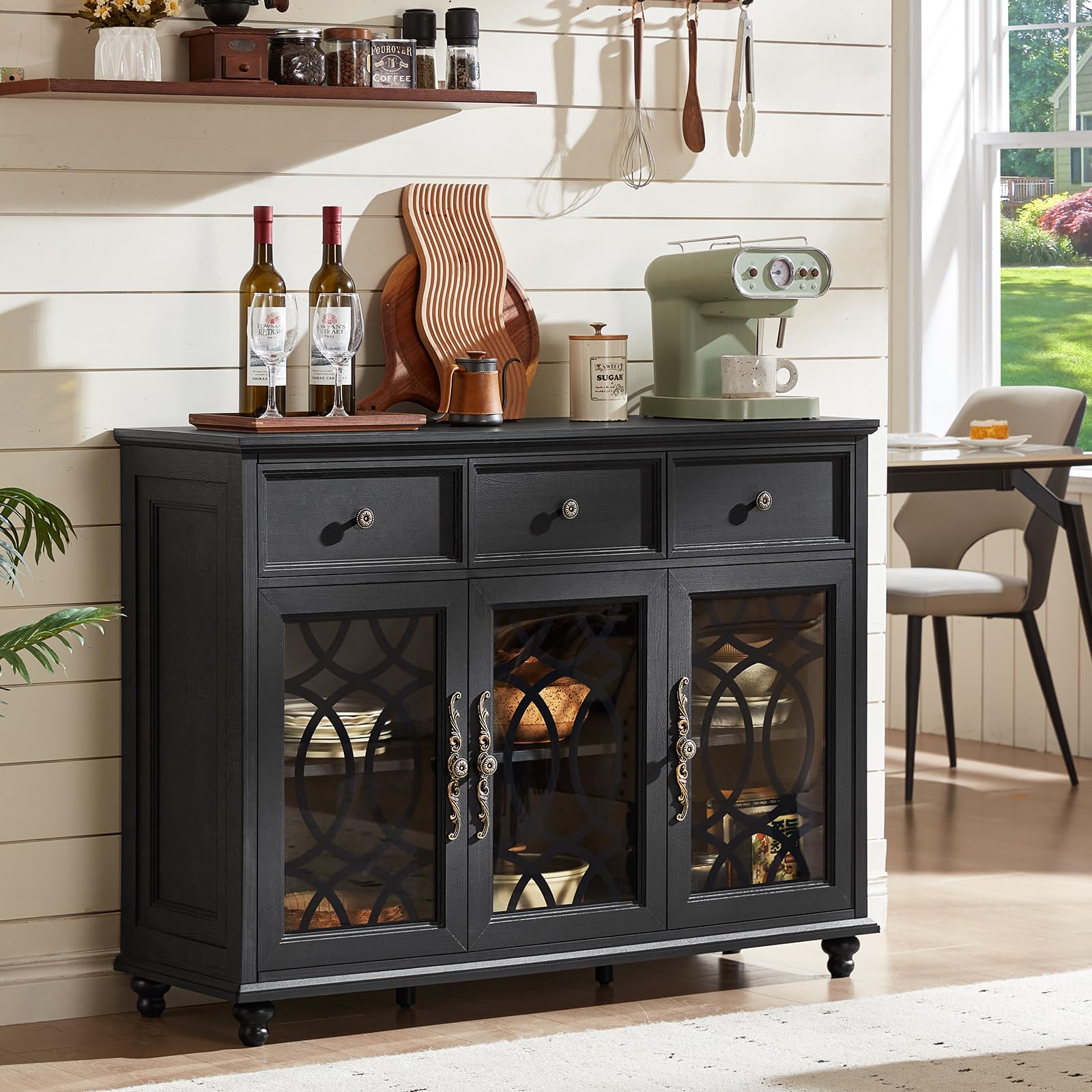 Black farmhouse sideboard cabinet with 2 drawers and 4 glass doors, lattice panel details