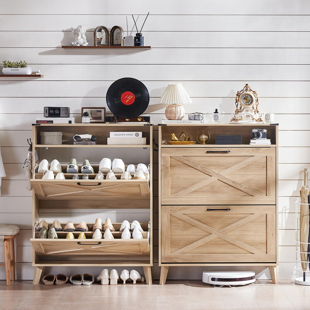 Shoe storage cabinet with open racks and flip drawers, light wood finish
