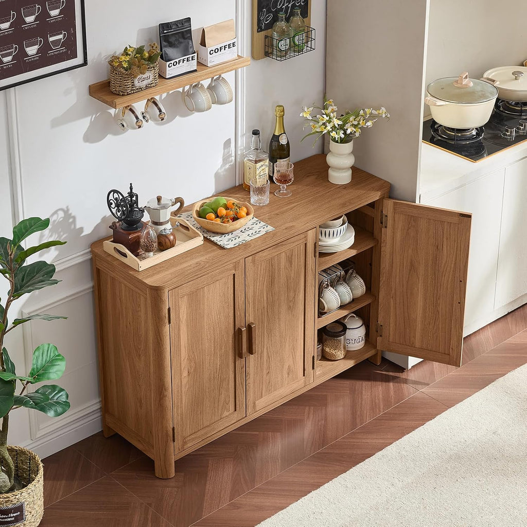 Wooden sideboard cabinet with three doors, one open, and interior storage shelves