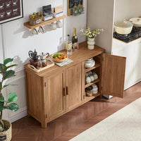 Wooden sideboard cabinet with three doors, one open, and interior storage shelves