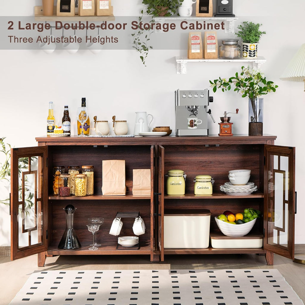 Brown wood storage cabinet with open double doors and three adjustable shelves