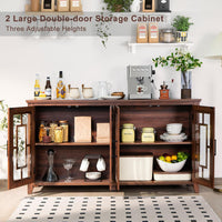 Brown wood storage cabinet with open double doors and three adjustable shelves