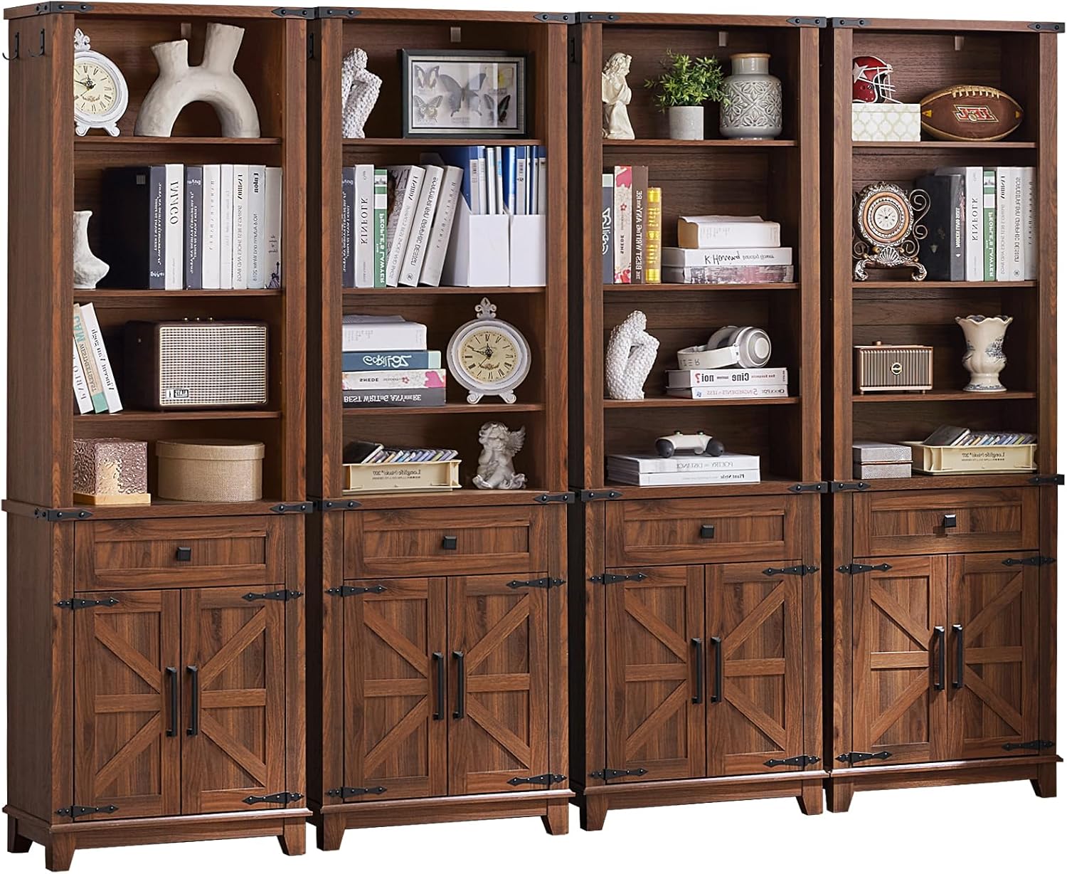 72in Tall Bookshelf 7 Tier Bookcase with Drawer and Barn Doors and Adjustable Shelves, Black Farmhouse Book Shelf with Storage Cabinet, Wood Freestanding Display Bookshelves for Living Room