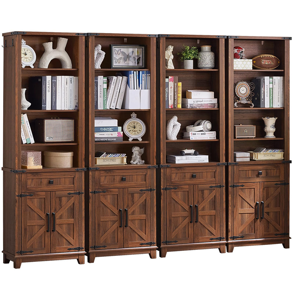 Brown farmhouse bookcase with 7 tiers, cabinet doors, and mesh door storage base