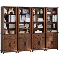 Brown wood bookcase cabinet with shelves and barn-style panel doors