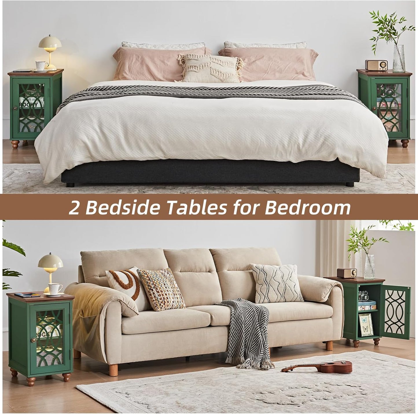 Narrow Side Table with Charging Station, Night Stand with Glass Door, Bedside End Tables with Adjustable Shelf Storage Cabinet,Wood Nightstand for Small Spaces Living Room Bedroom