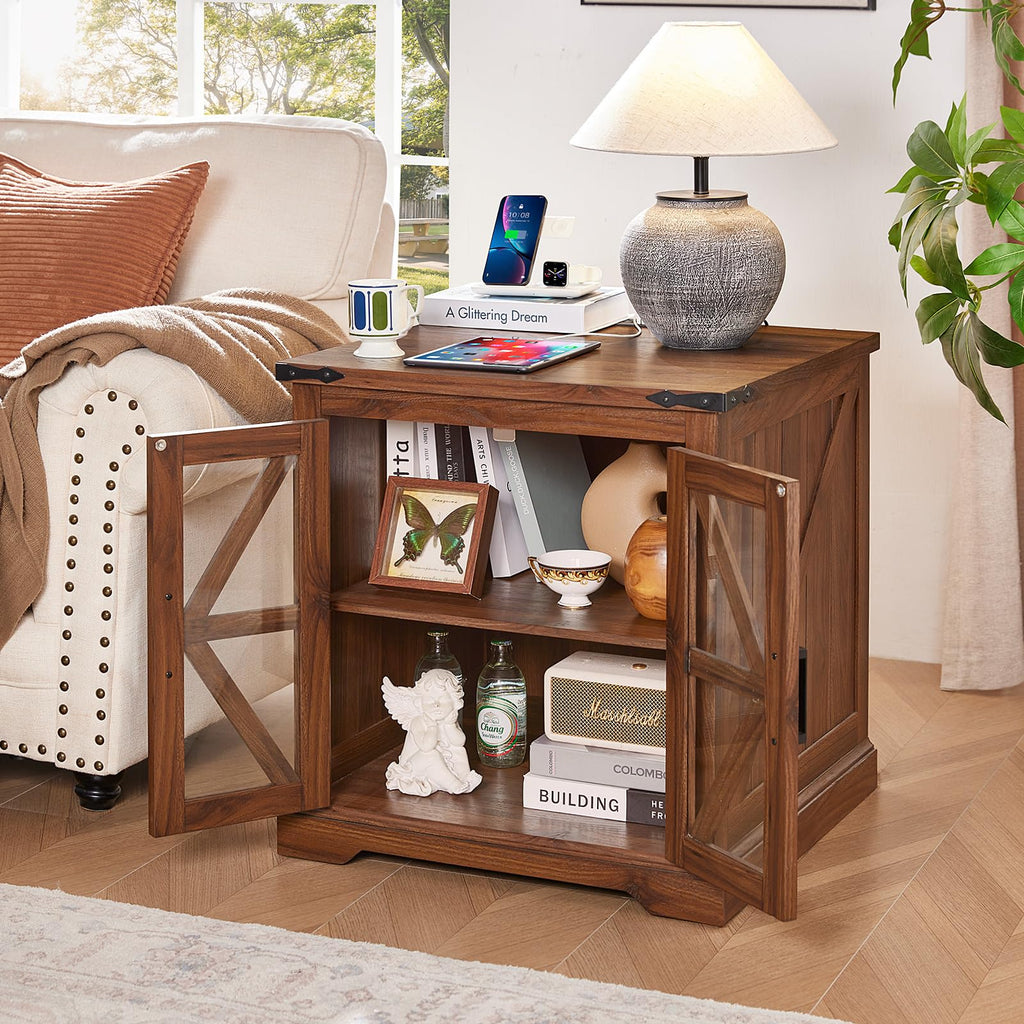 Brown wood end table with lift-top style, side cabinet doors, and open shelving