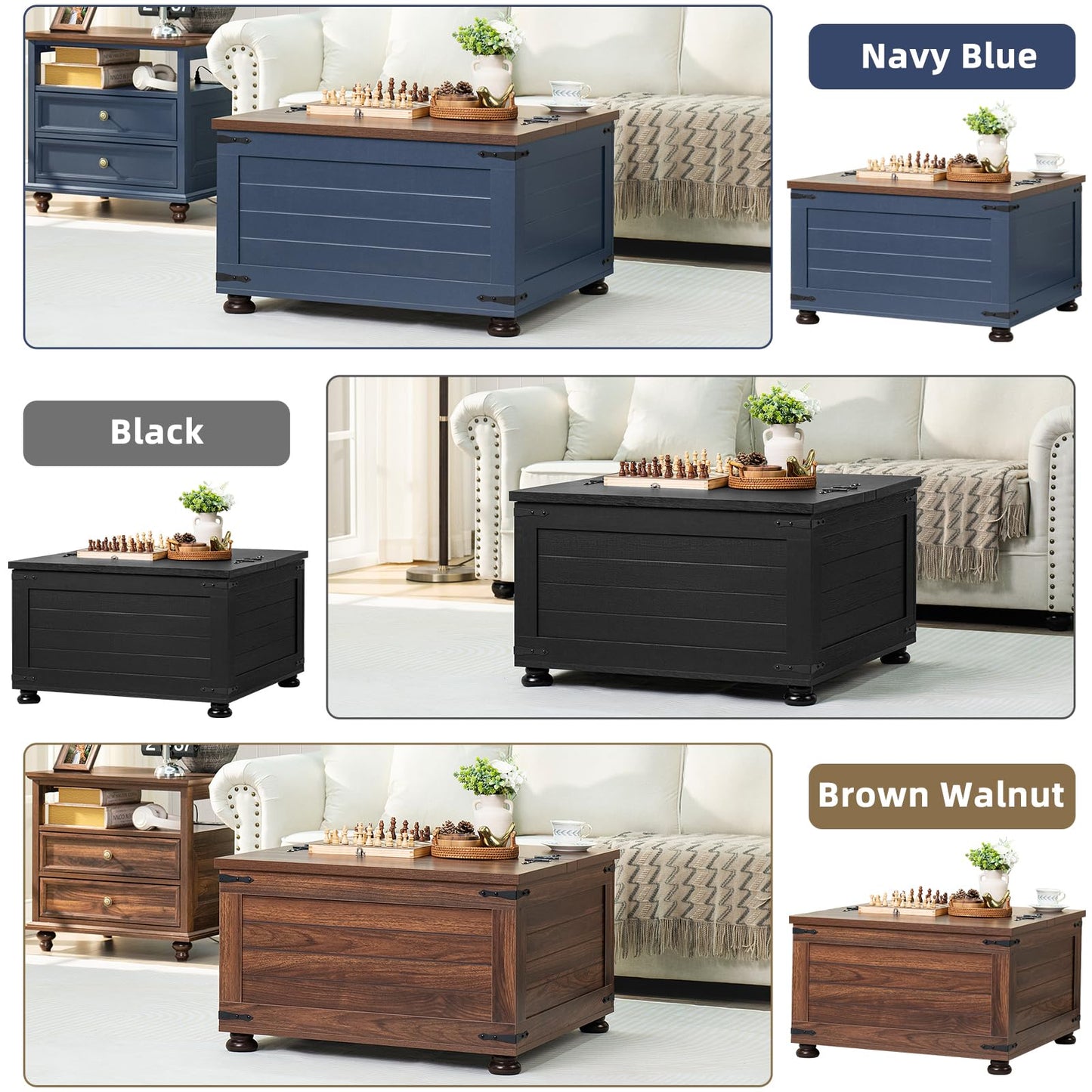 Farmhouse coffee table with hidden storage, shown in navy blue, black, and brown walnut