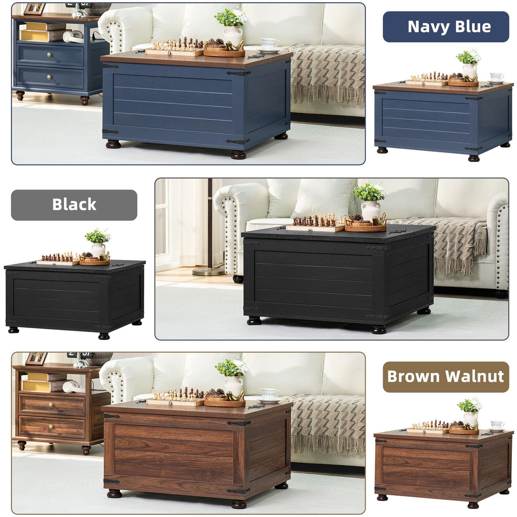Square storage coffee table with hinged lift top and four short legs, side view