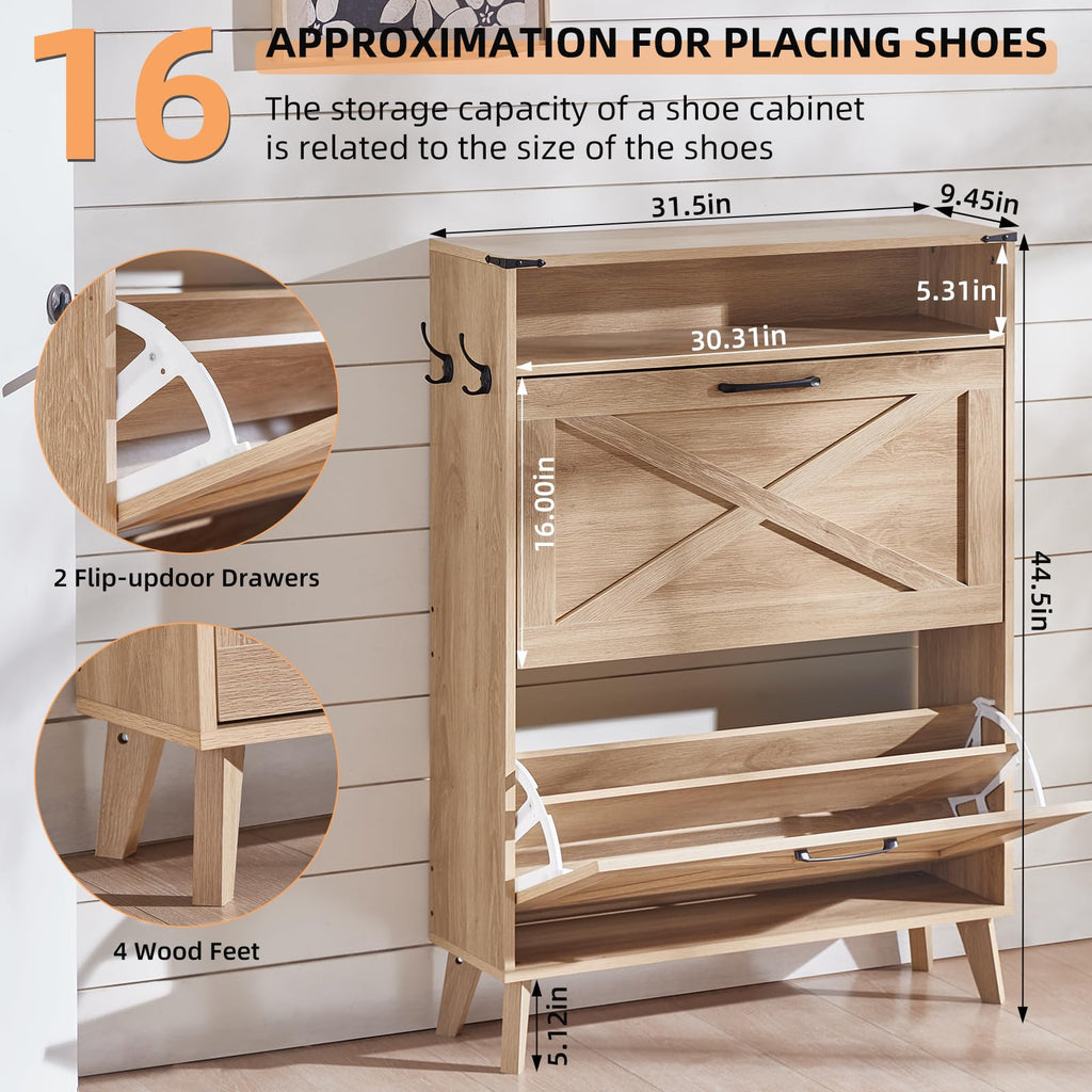 Shoe storage cabinet measurement view showing flip-up drawer and open shoe racks