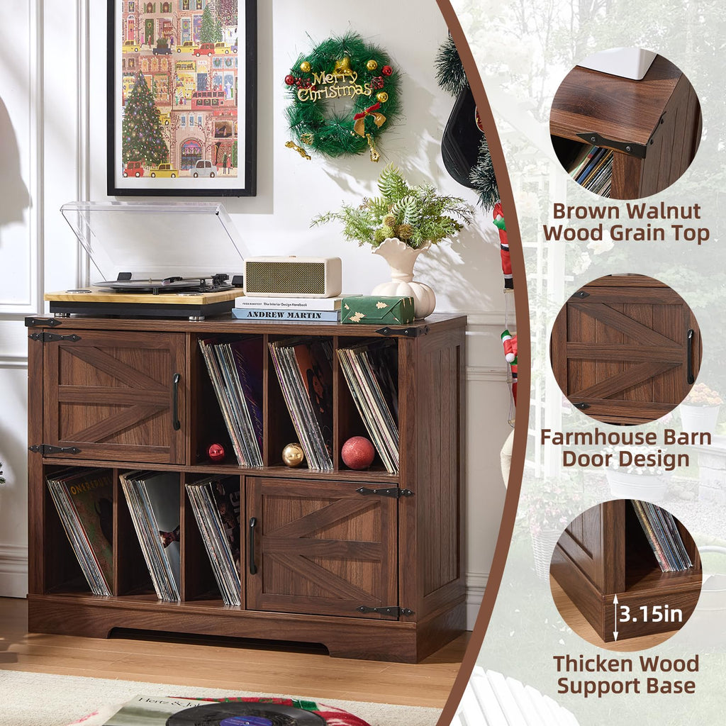 Brown wood record player cabinet with farmhouse barn door design and vinyl record shelves.