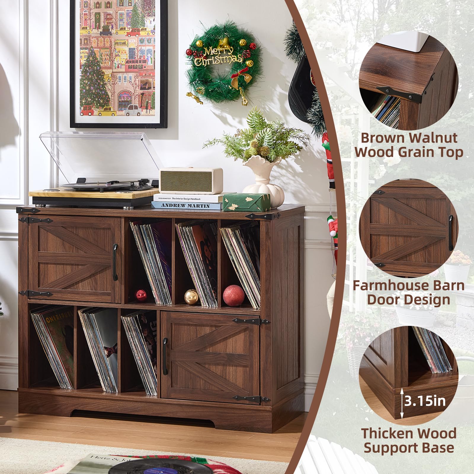 Brown wood record player cabinet with farmhouse barn door design and vinyl record shelves.