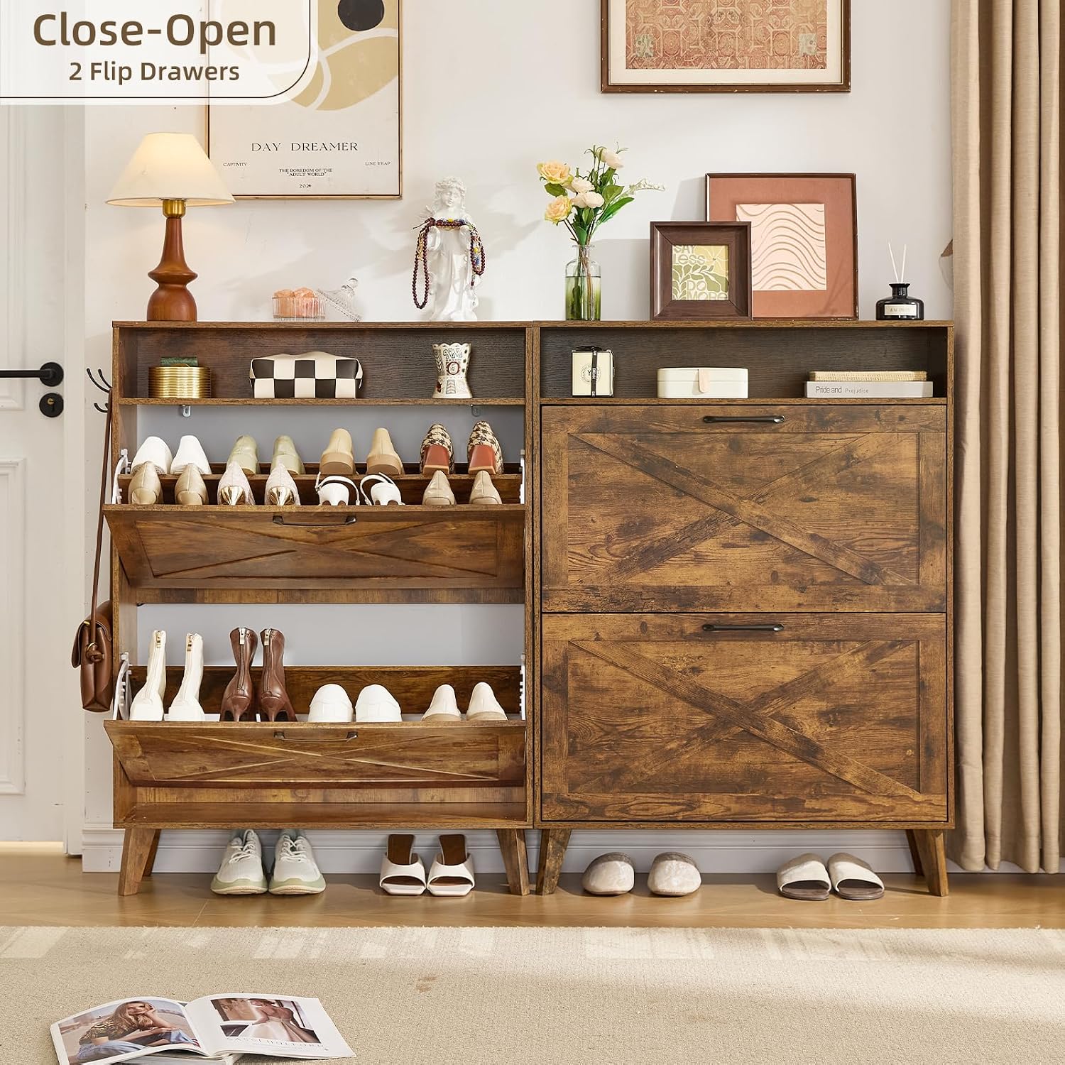 Shoe storage cabinet with open flip drawer compartments and shelves, dark wood with shoes