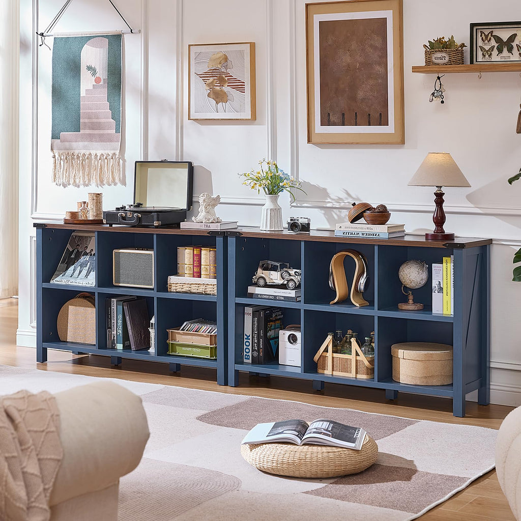 Navy blue wood bookcase with open cubbies and display shelves for books