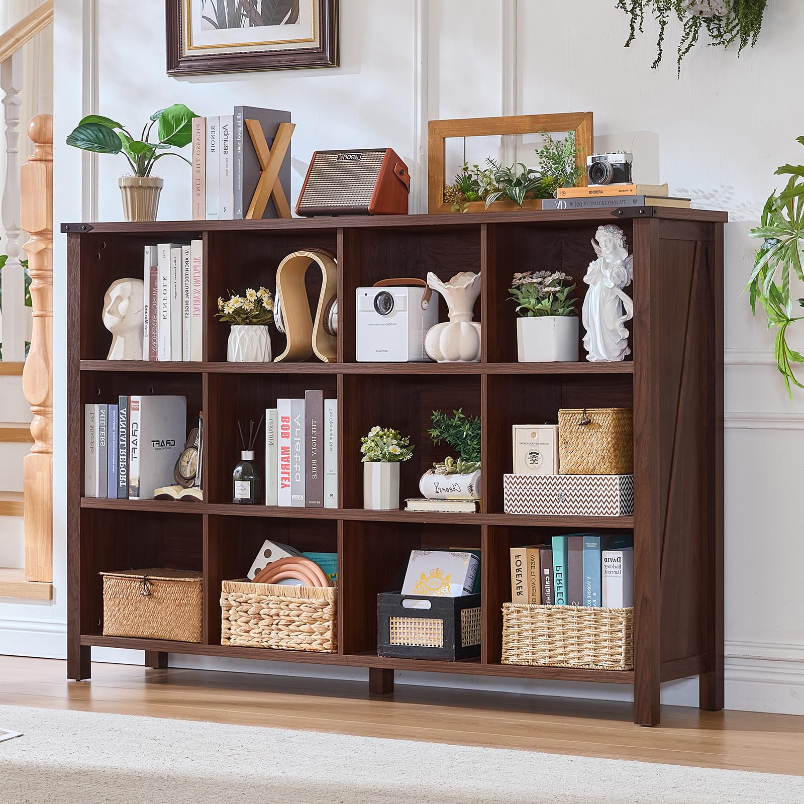 Brown wooden console bookcase with open cubbies and display shelves
