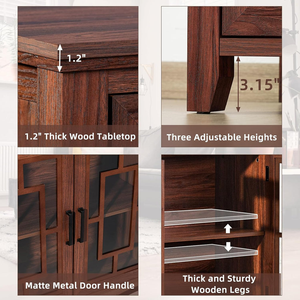 Brown sideboard cabinet with thick wood tabletop, wooden legs, and matte metal handles