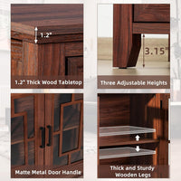Brown sideboard cabinet with thick wood tabletop, wooden legs, and matte metal handles