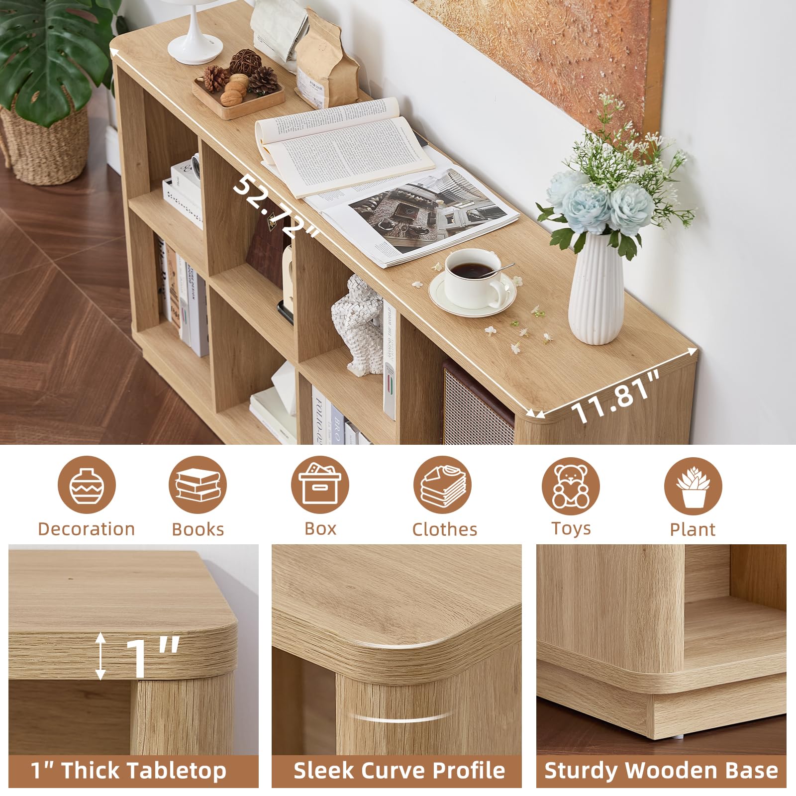Light wood cube shelving unit with 8 open cubbies, curved tabletop edge, and open front design