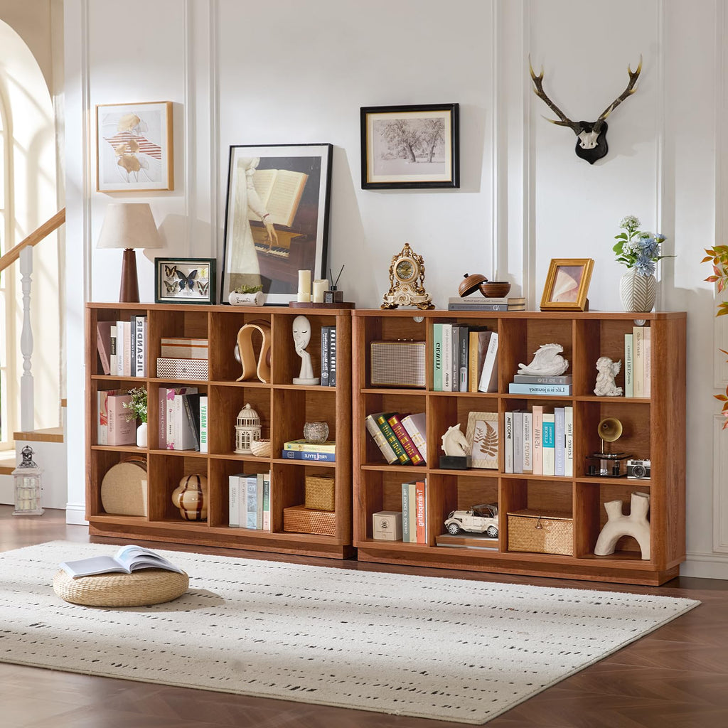 Natural wood 8-cube bookcase console with open compartments for books and decor