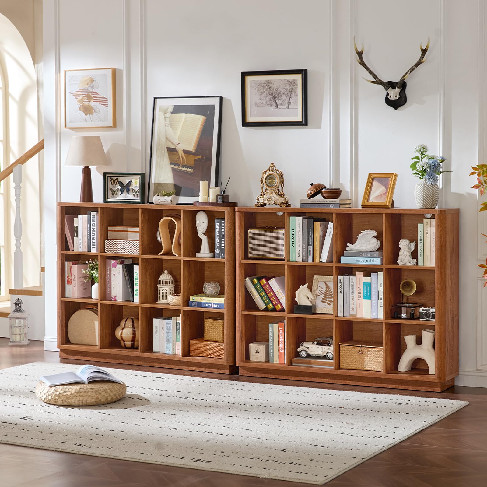 Natural wood 8-cube bookcase console with open compartments for books and decor
